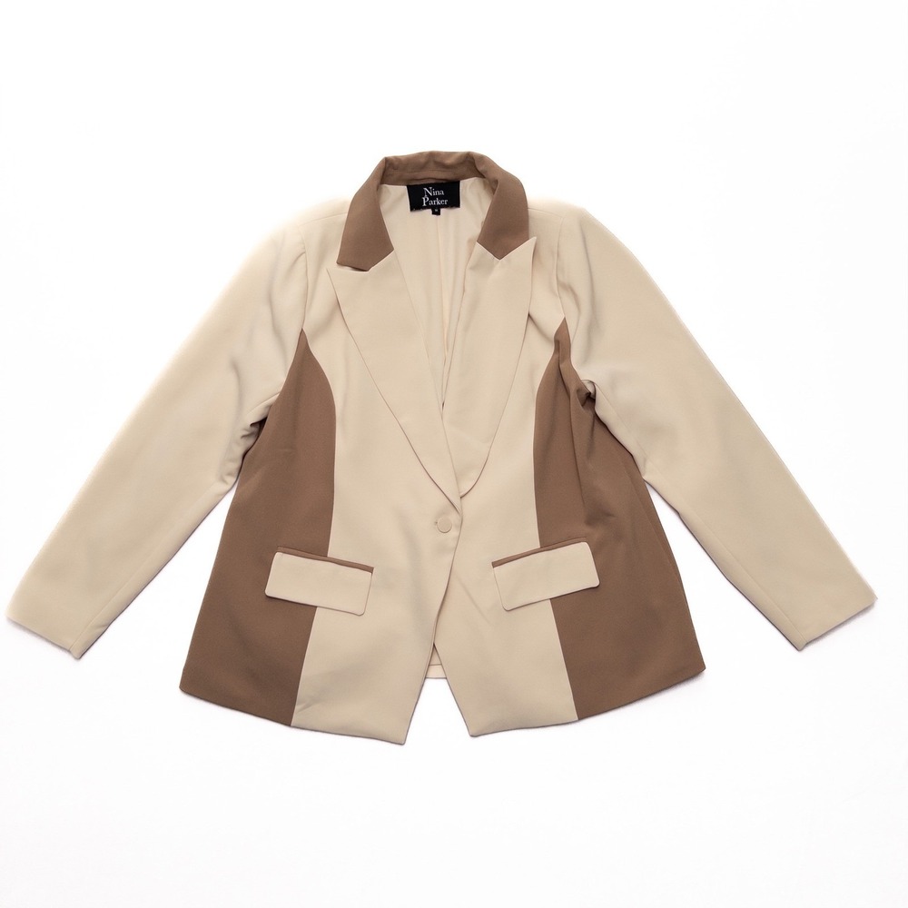 Nina Parker Blazer Women 1X Cream Brown Colorblock One‎ Button